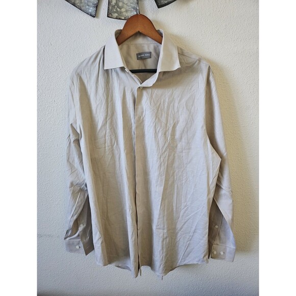 Michael Kords Men's  Slim Fit Dress Shirt Beige Formal  Size L - Picture 2 of 10
